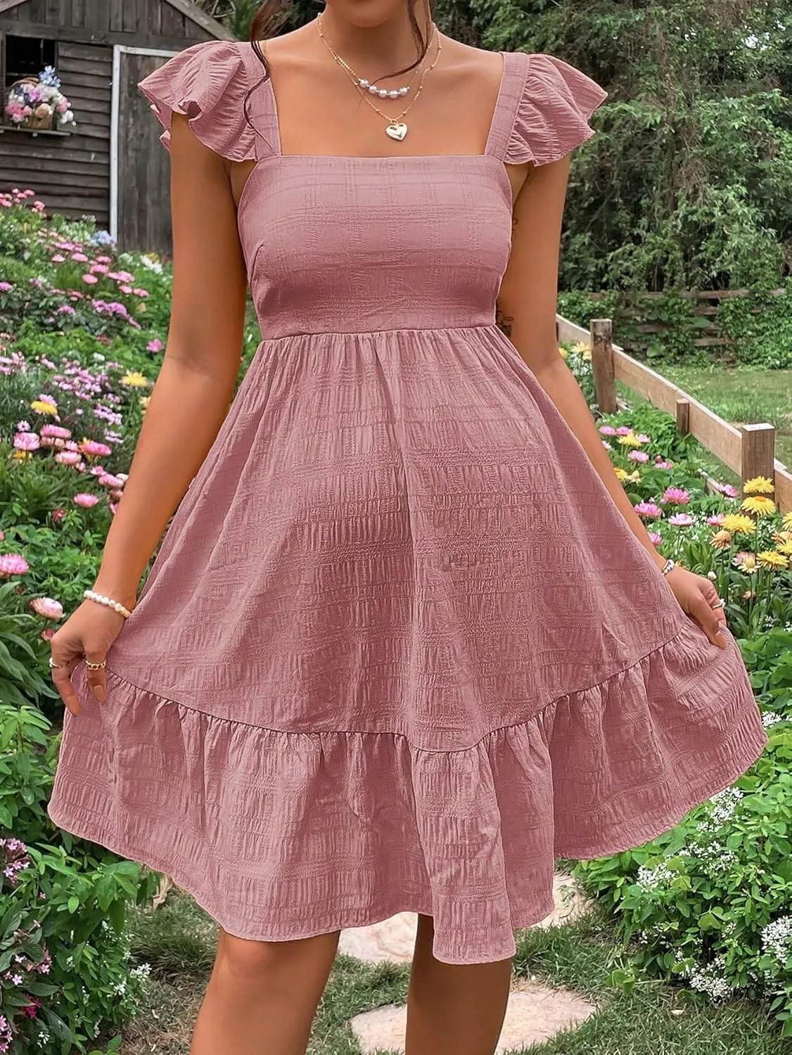 OYOANGLE Women's Maternity Tie Backless Ruffle Trim Short Sleeve Square Neck A Line Dress Solid Plain Flared Dresses