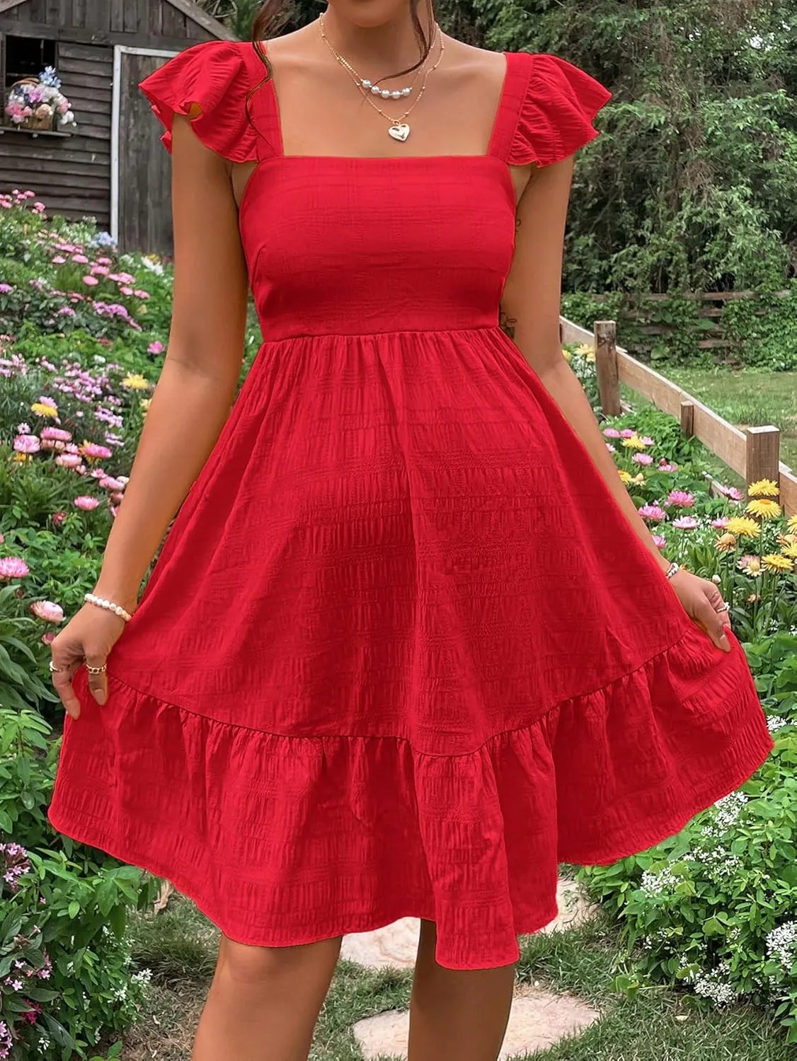 OYOANGLE Women's Maternity Tie Backless Ruffle Trim Short Sleeve Square Neck A Line Dress Solid Plain Flared Dresses