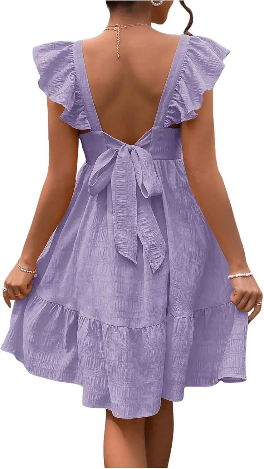 OYOANGLE Women's Maternity Tie Backless Ruffle Trim Short Sleeve Square Neck A Line Dress Solid Plain Flared Dresses