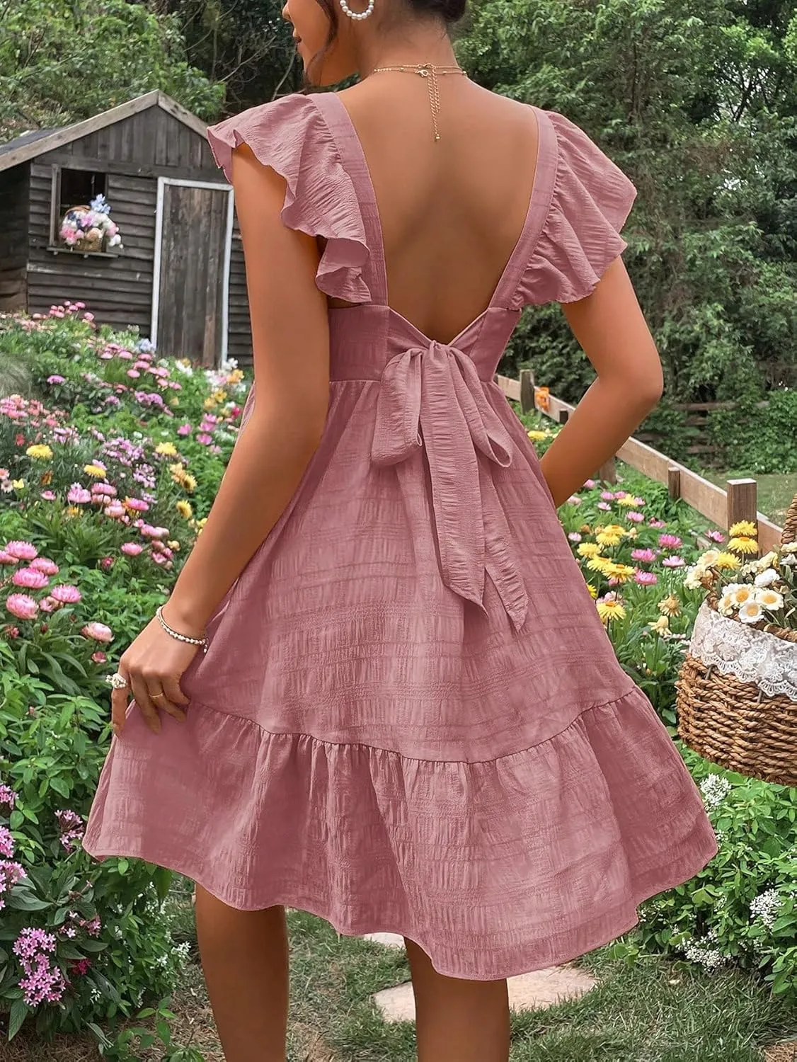OYOANGLE Women's Maternity Tie Backless Ruffle Trim Short Sleeve Square Neck A Line Dress Solid Plain Flared Dresses