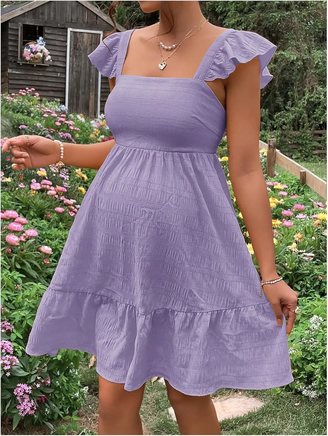 OYOANGLE Women's Maternity Tie Backless Ruffle Trim Short Sleeve Square Neck A Line Dress Solid Plain Flared Dresses
