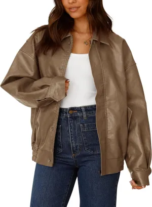 PRETTYGARDEN Women's Faux Leather Motorcycle Jacket Trendy Fall Spring Clothes Oversized Zip Up Winter Coat Outerwear
