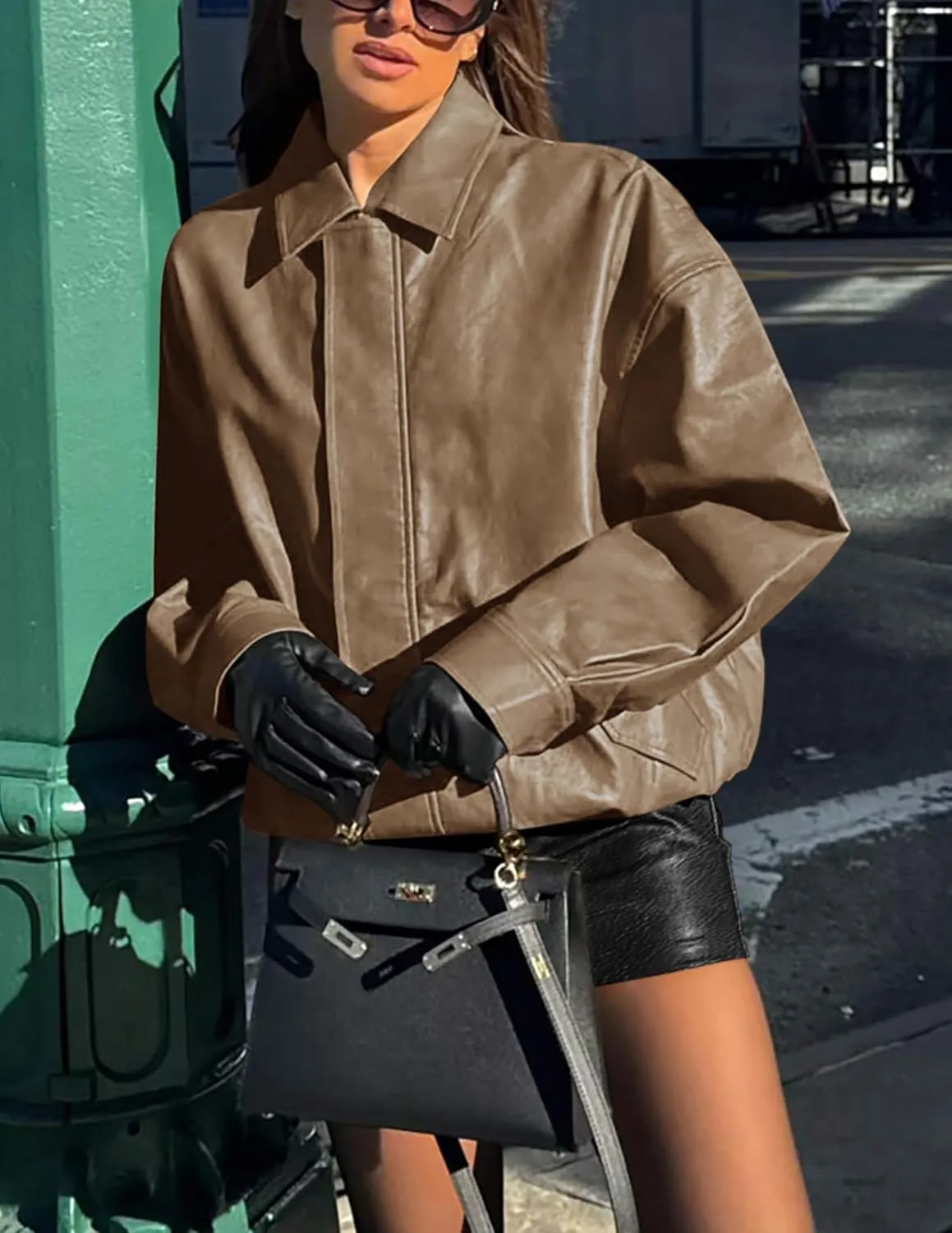 PRETTYGARDEN Women's Faux Leather Motorcycle Jacket Trendy Fall Spring Clothes Oversized Zip Up Winter Coat Outerwear