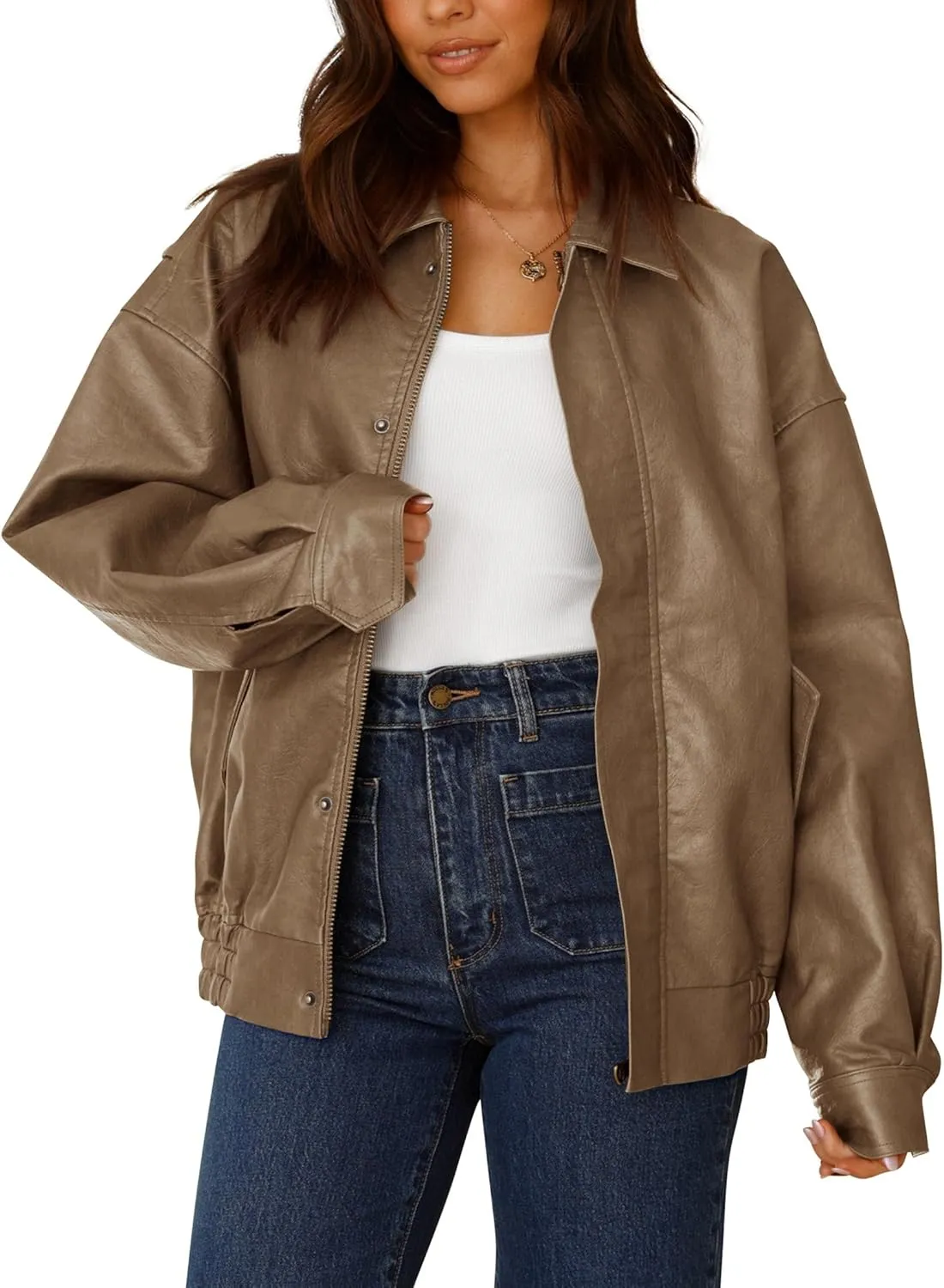 PRETTYGARDEN Women's Faux Leather Motorcycle Jacket Trendy Fall Spring Clothes Oversized Zip Up Winter Coat Outerwear
