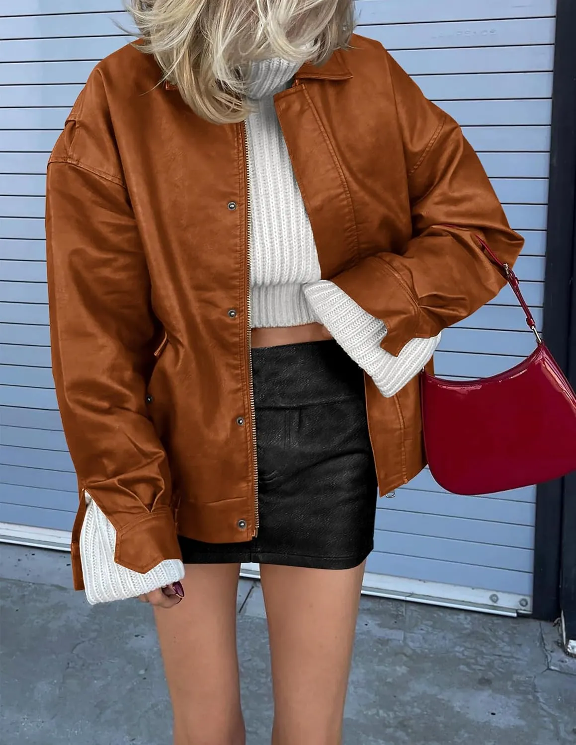 PRETTYGARDEN Women's Faux Leather Motorcycle Jacket Trendy Fall Spring Clothes Oversized Zip Up Winter Coat Outerwear