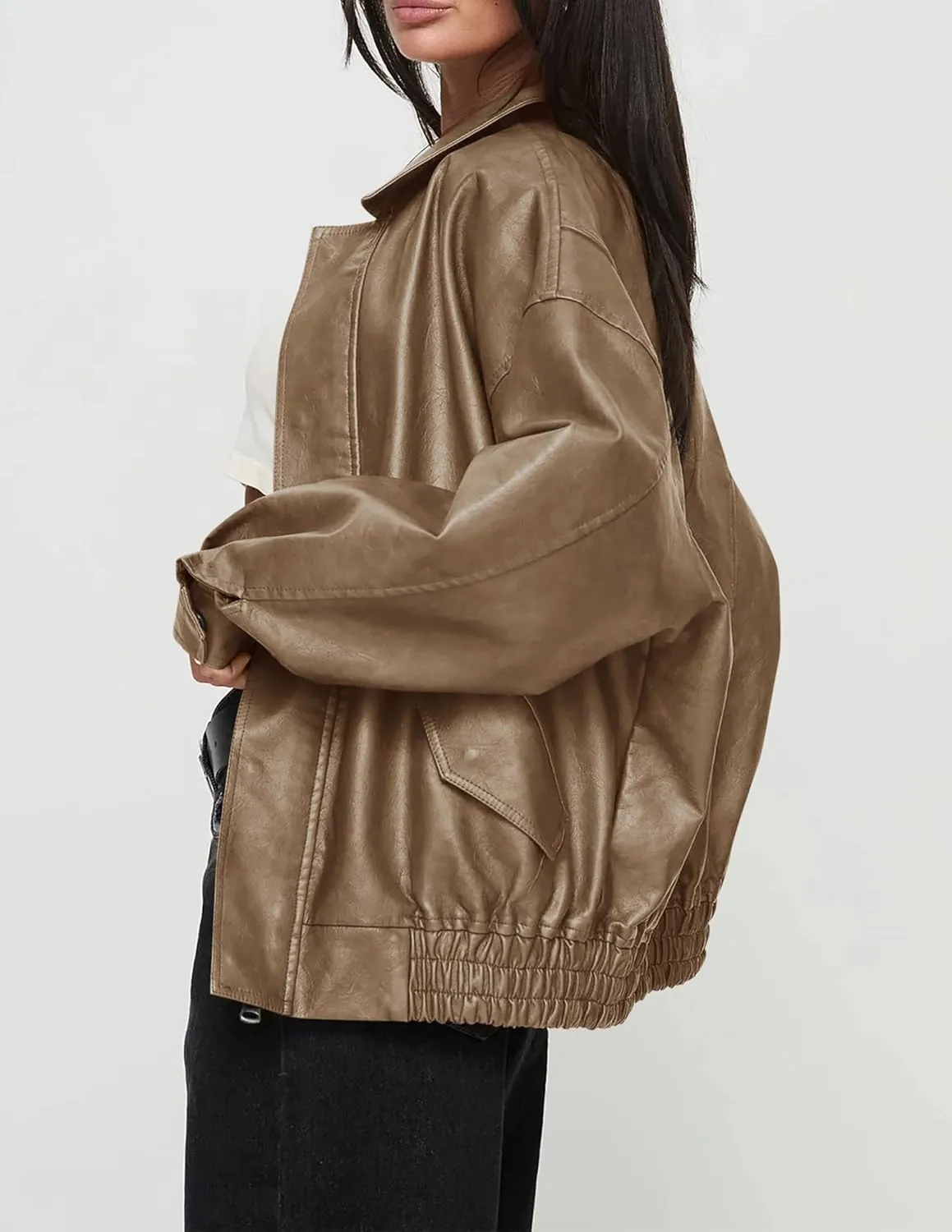 PRETTYGARDEN Women's Faux Leather Motorcycle Jacket Trendy Fall Spring Clothes Oversized Zip Up Winter Coat Outerwear