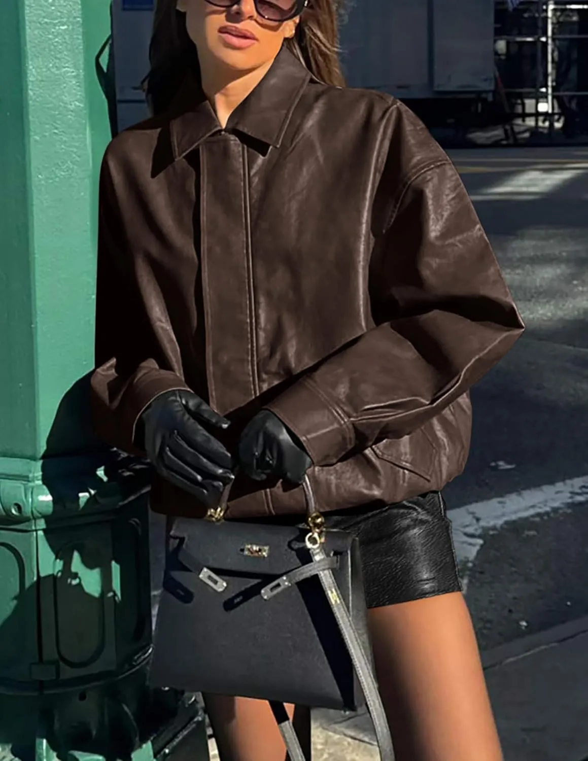 PRETTYGARDEN Women's Faux Leather Motorcycle Jacket Trendy Fall Spring Clothes Oversized Zip Up Winter Coat Outerwear