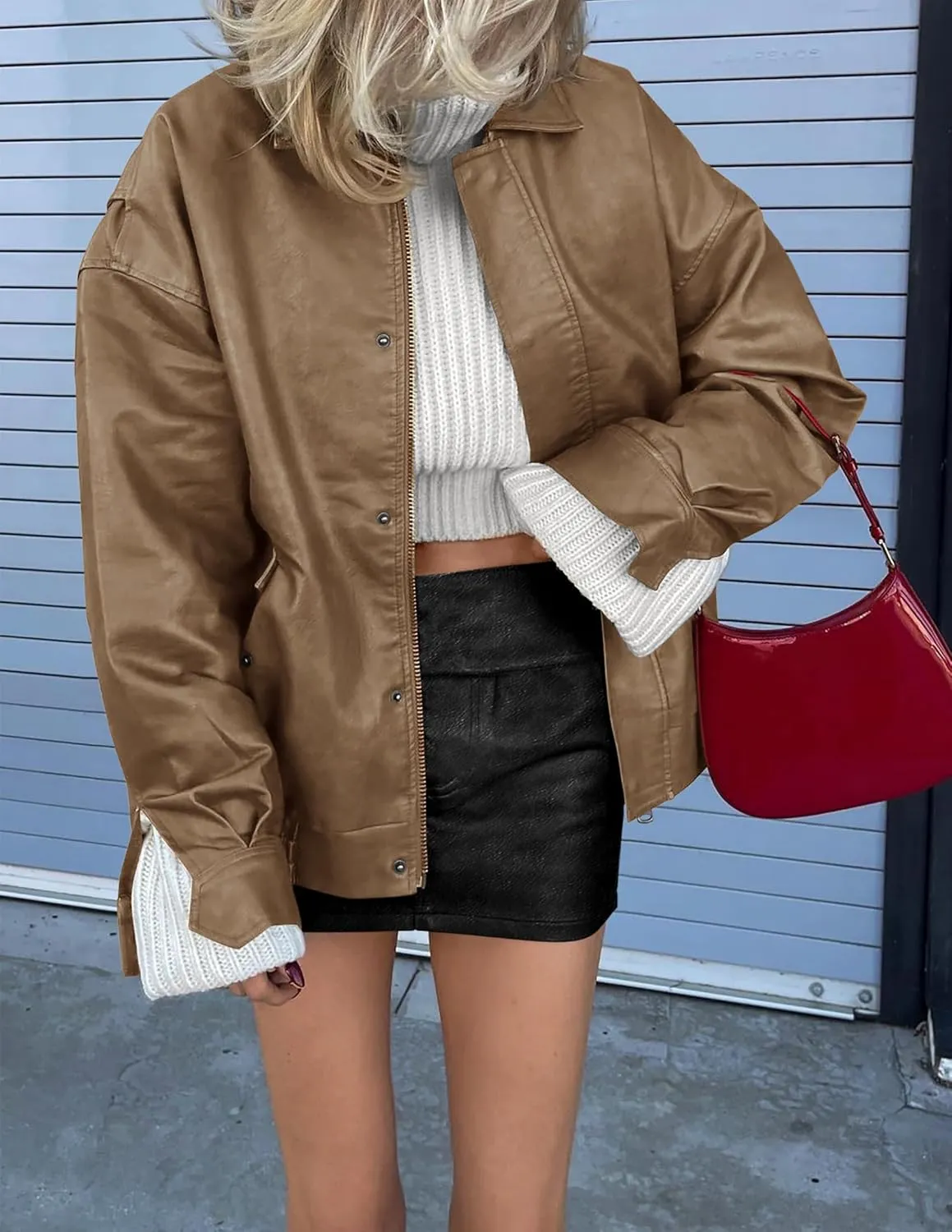 PRETTYGARDEN Women's Faux Leather Motorcycle Jacket Trendy Fall Spring Clothes Oversized Zip Up Winter Coat Outerwear