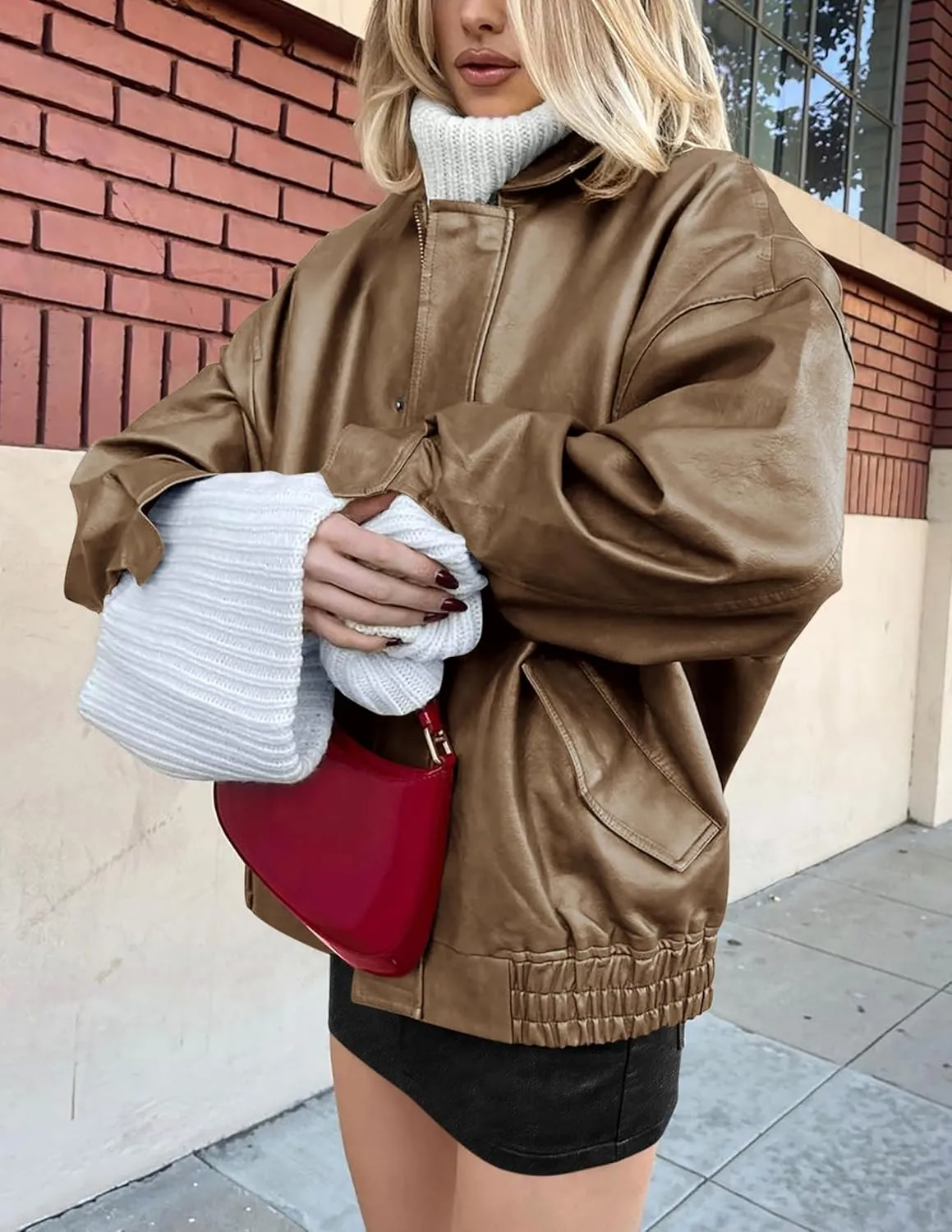 PRETTYGARDEN Women's Faux Leather Motorcycle Jacket Trendy Fall Spring Clothes Oversized Zip Up Winter Coat Outerwear