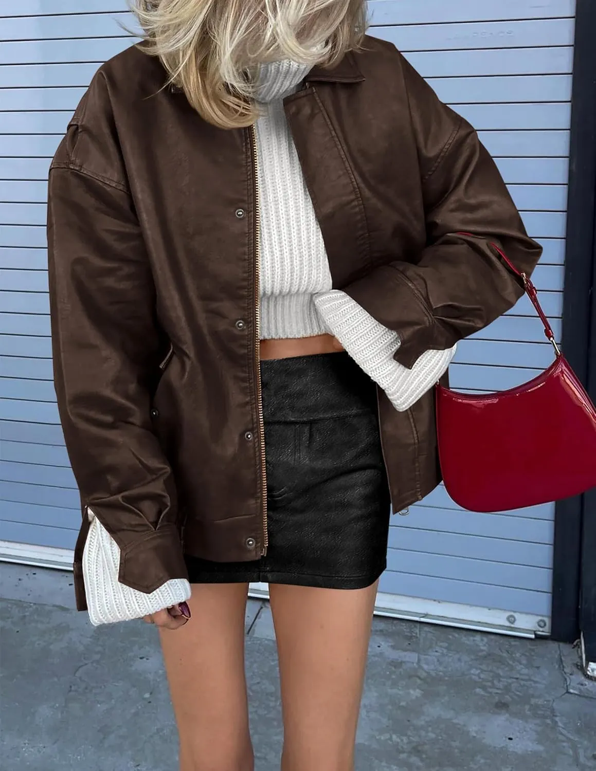 PRETTYGARDEN Women's Faux Leather Motorcycle Jacket Trendy Fall Spring Clothes Oversized Zip Up Winter Coat Outerwear