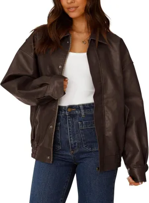 PRETTYGARDEN Women's Faux Leather Motorcycle Jacket Trendy Fall Spring Clothes Oversized Zip Up Winter Coat Outerwear