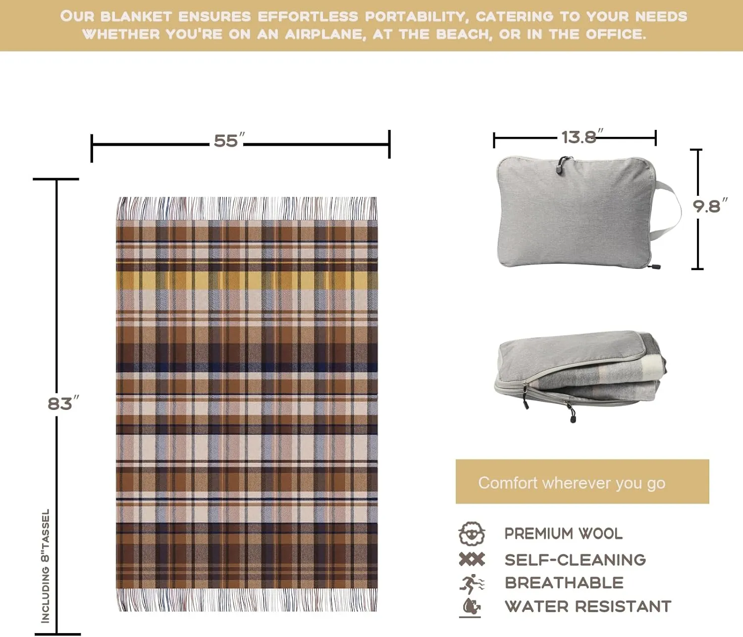 Pure Wool Plaid Throw Blanket - Warm Throw for Couch, Travel Outdoor Camping Blankets, Portable Lightweight Travel Blanket Airplane Compact with Bag/Brown Plaid