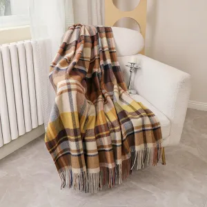 Pure Wool Plaid Throw Blanket - Warm Throw for Couch, Travel Outdoor Camping Blankets, Portable Lightweight Travel Blanket Airplane Compact with Bag/Brown Plaid
