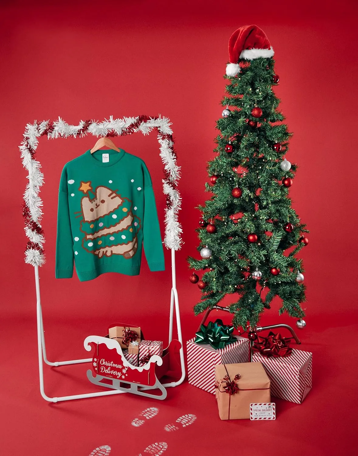 Pusheen Womens Christmas Jumper | Green Graphic Knitted Sweater | Cat Festive Xmas Pullover Knitwear | Winter Festive Gift