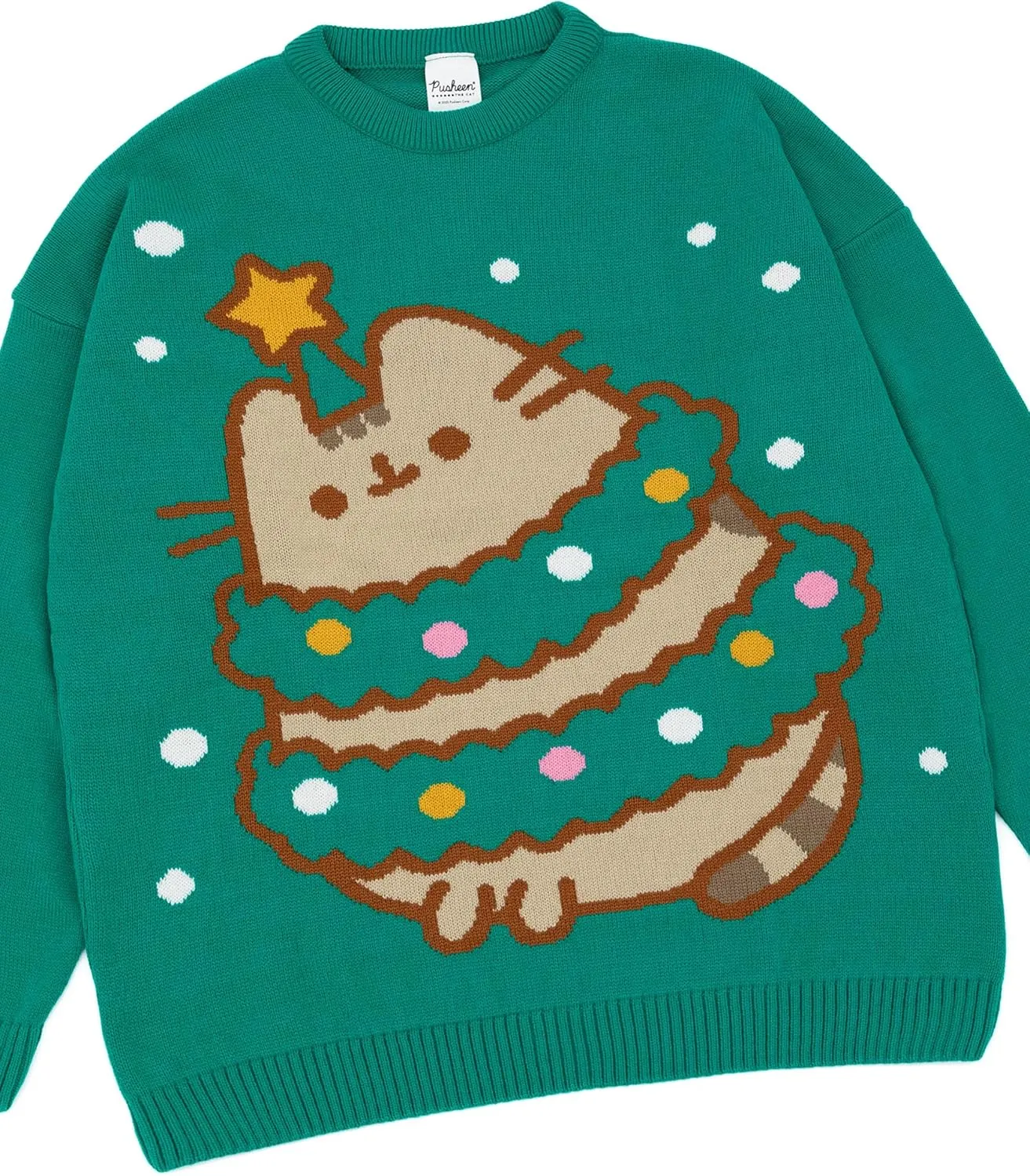 Pusheen Womens Christmas Jumper | Green Graphic Knitted Sweater | Cat Festive Xmas Pullover Knitwear | Winter Festive Gift