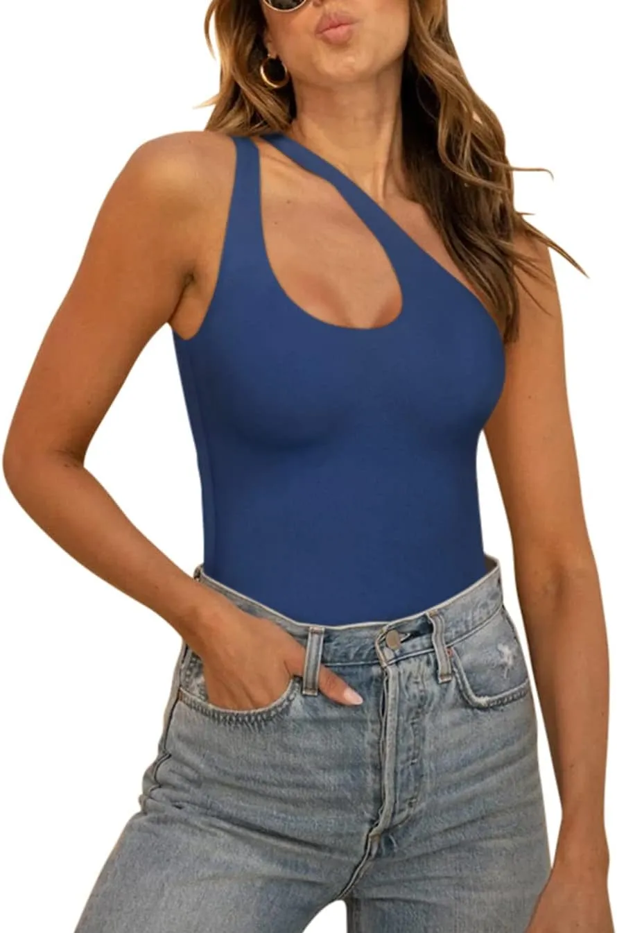 REORIA Butsmooth® Women's Trendy Sexy Plunge One Shoulder Sleeveless V Backless Going Out Tank Bodysuits Tops