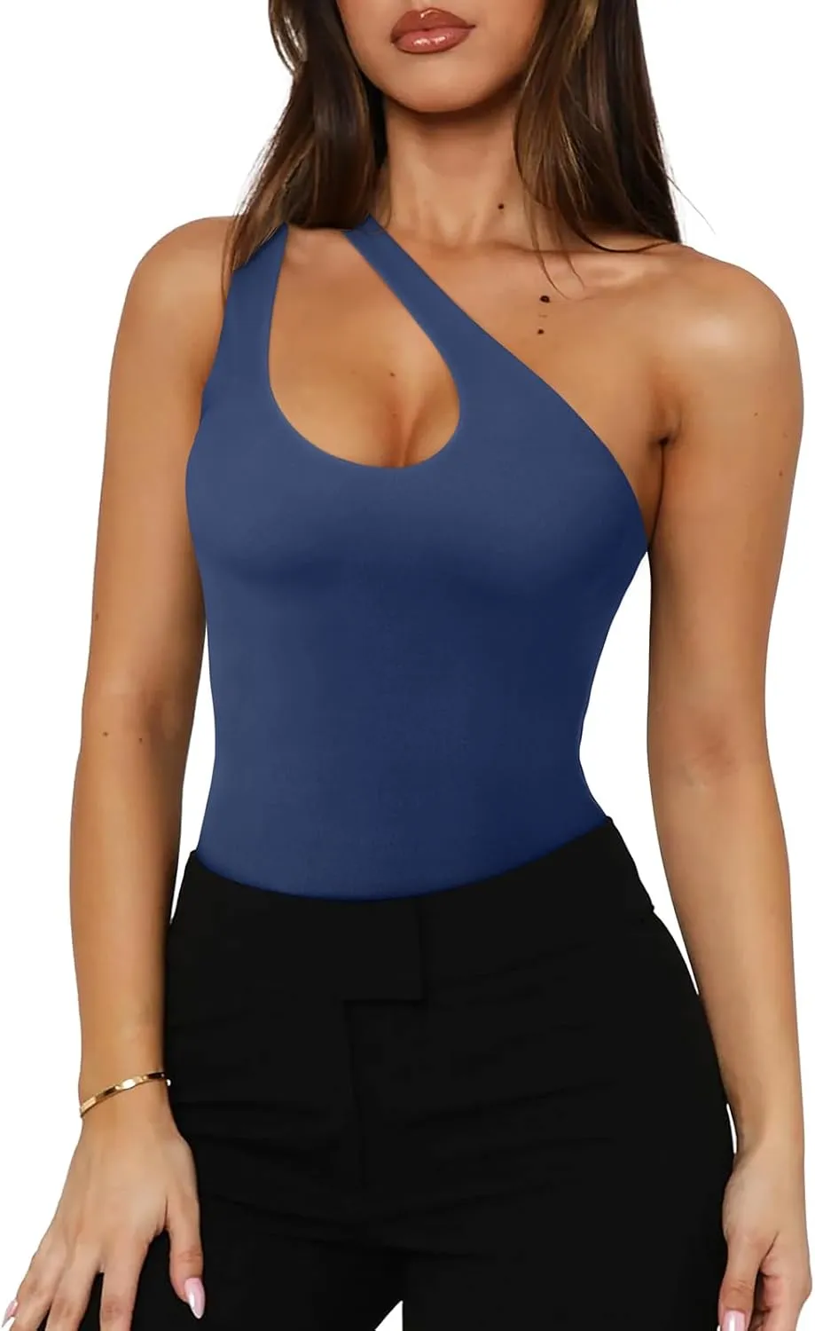 REORIA Butsmooth® Women's Trendy Sexy Plunge One Shoulder Sleeveless V Backless Going Out Tank Bodysuits Tops