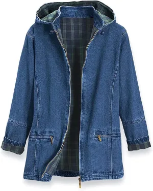 SAGEFINDS Women’s Flannel Lined Denim Jacket | Detachable Hood | Zip Front and Side Pockets | 100% Cotton