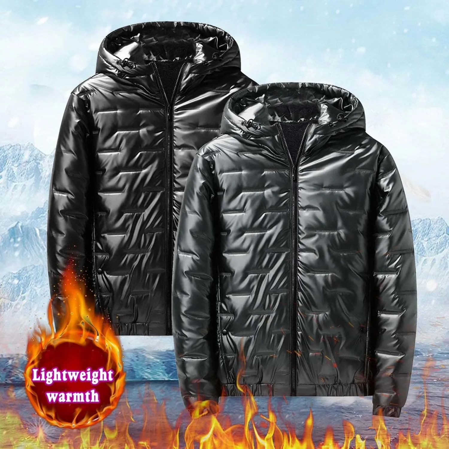 Saohuo Mens Shiny Down Coat Fleece Lined Hood Winter Thicken Warmth Puffer Jacket Glossy Waterproof Parka Coat Outerwear