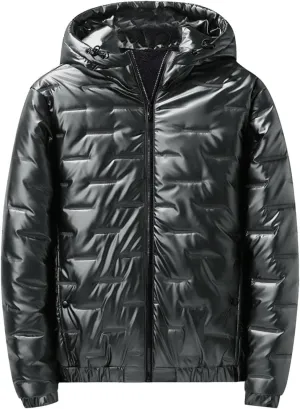 Saohuo Mens Shiny Down Coat Fleece Lined Hood Winter Thicken Warmth Puffer Jacket Glossy Waterproof Parka Coat Outerwear