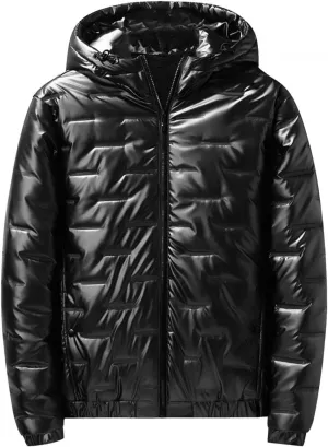 Saohuo Mens Shiny Down Coat Fleece Lined Hood Winter Thicken Warmth Puffer Jacket Glossy Waterproof Parka Coat Outerwear