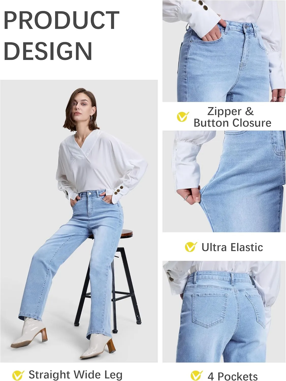 SEVEGO Women's 32"/34"/36" Tall Straight Leg Jeans Mid Waisted Stretchy Loose Denim Pants Casual Baggy Jean Trousers