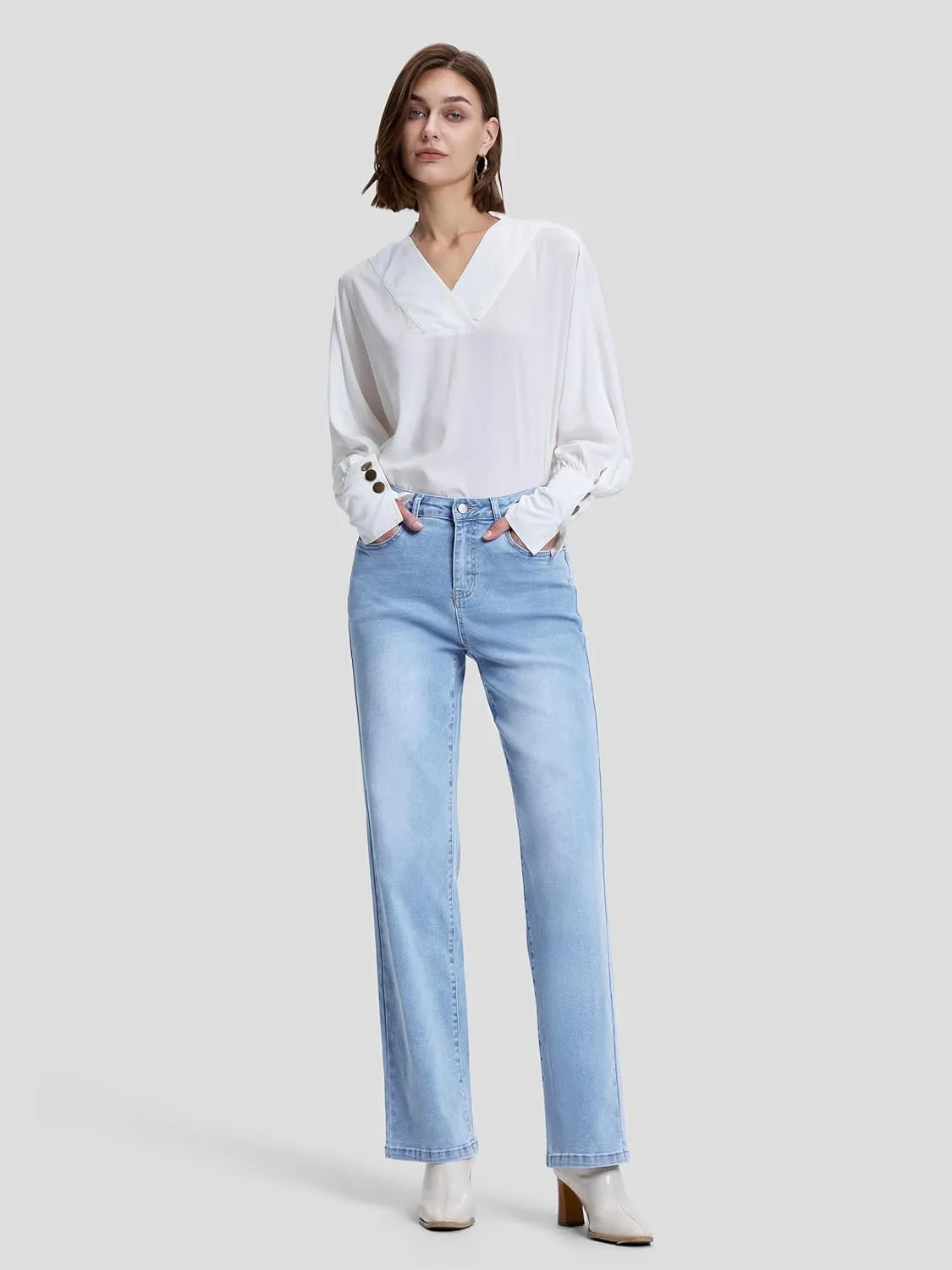 SEVEGO Women's 32"/34"/36" Tall Straight Leg Jeans Mid Waisted Stretchy Loose Denim Pants Casual Baggy Jean Trousers