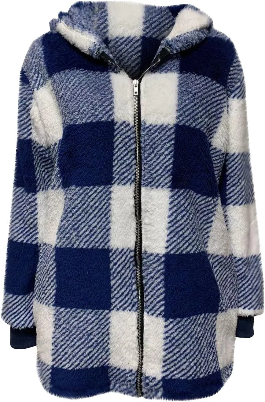 Shackets for Women 2024 Fall Zip Up Fuzzy Plaid Jacket Plus Size Casual Warm Winter Fleece Long Hoodie with Pockets