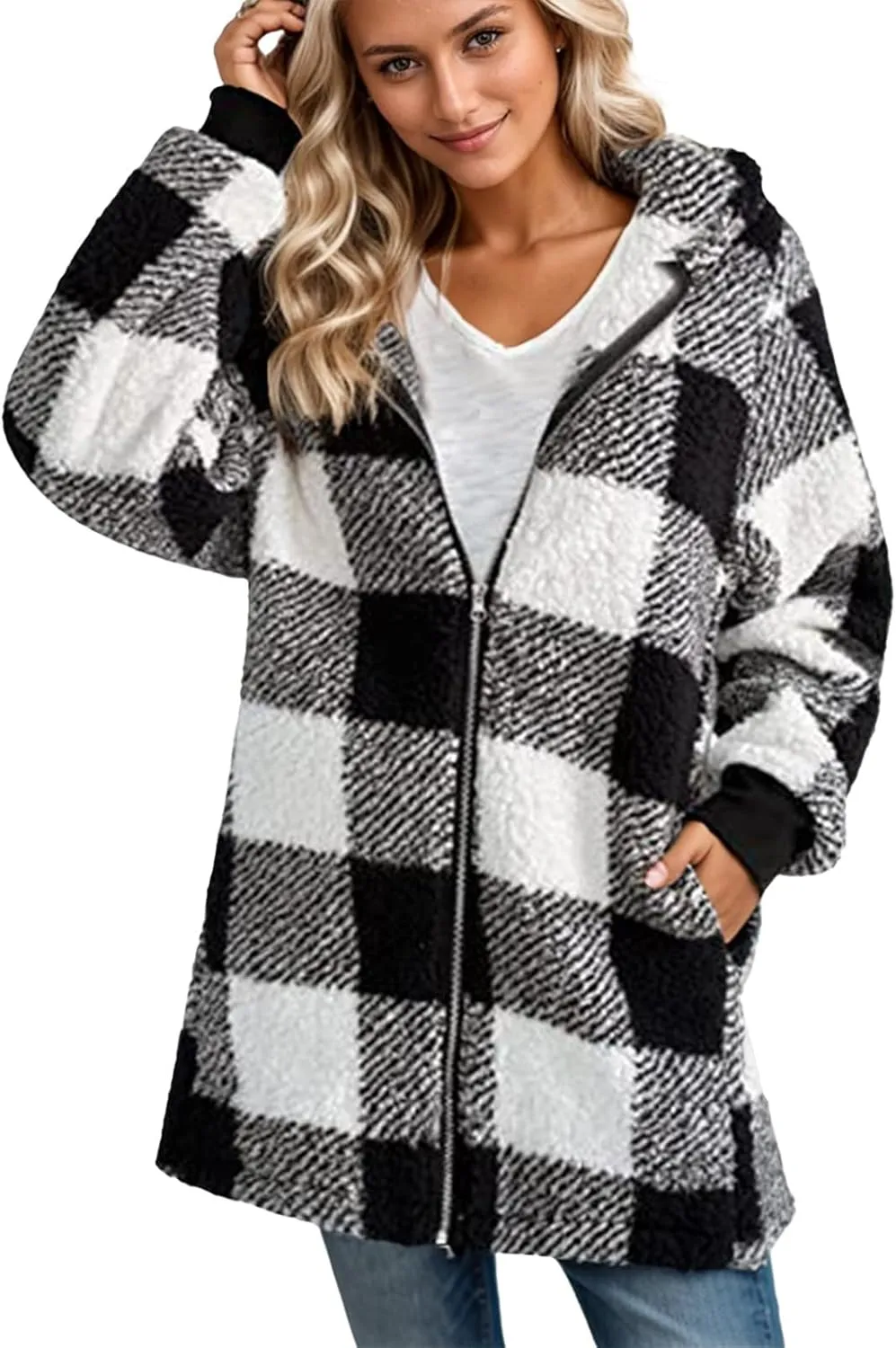 Shackets for Women 2024 Fall Zip Up Fuzzy Plaid Jacket Plus Size Casual Warm Winter Fleece Long Hoodie with Pockets