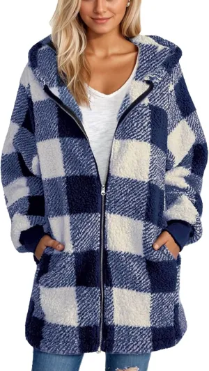Shackets for Women 2024 Fall Zip Up Fuzzy Plaid Jacket Plus Size Casual Warm Winter Fleece Long Hoodie with Pockets