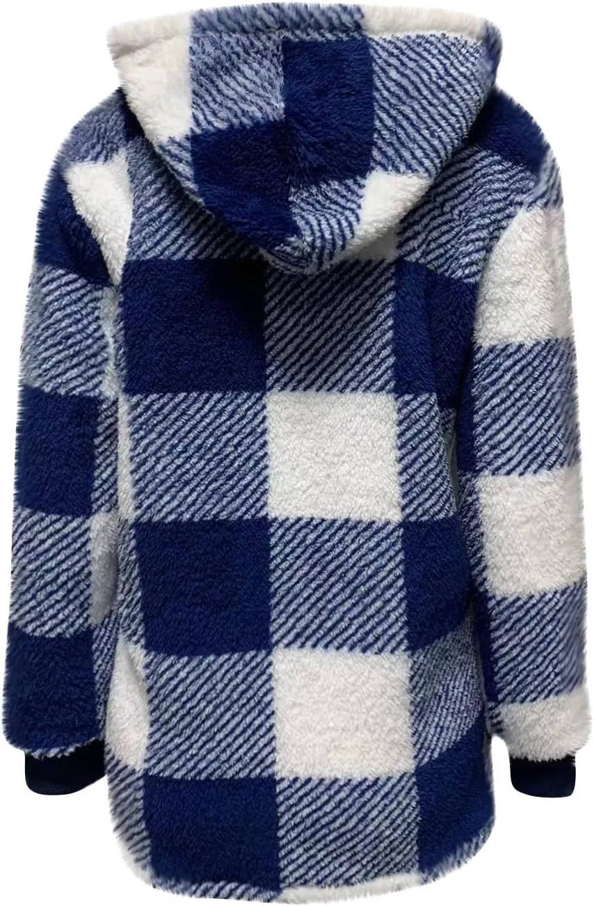 Shackets for Women 2024 Fall Zip Up Fuzzy Plaid Jacket Plus Size Casual Warm Winter Fleece Long Hoodie with Pockets