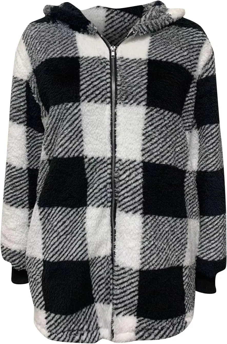 Shackets for Women 2024 Fall Zip Up Fuzzy Plaid Jacket Plus Size Casual Warm Winter Fleece Long Hoodie with Pockets