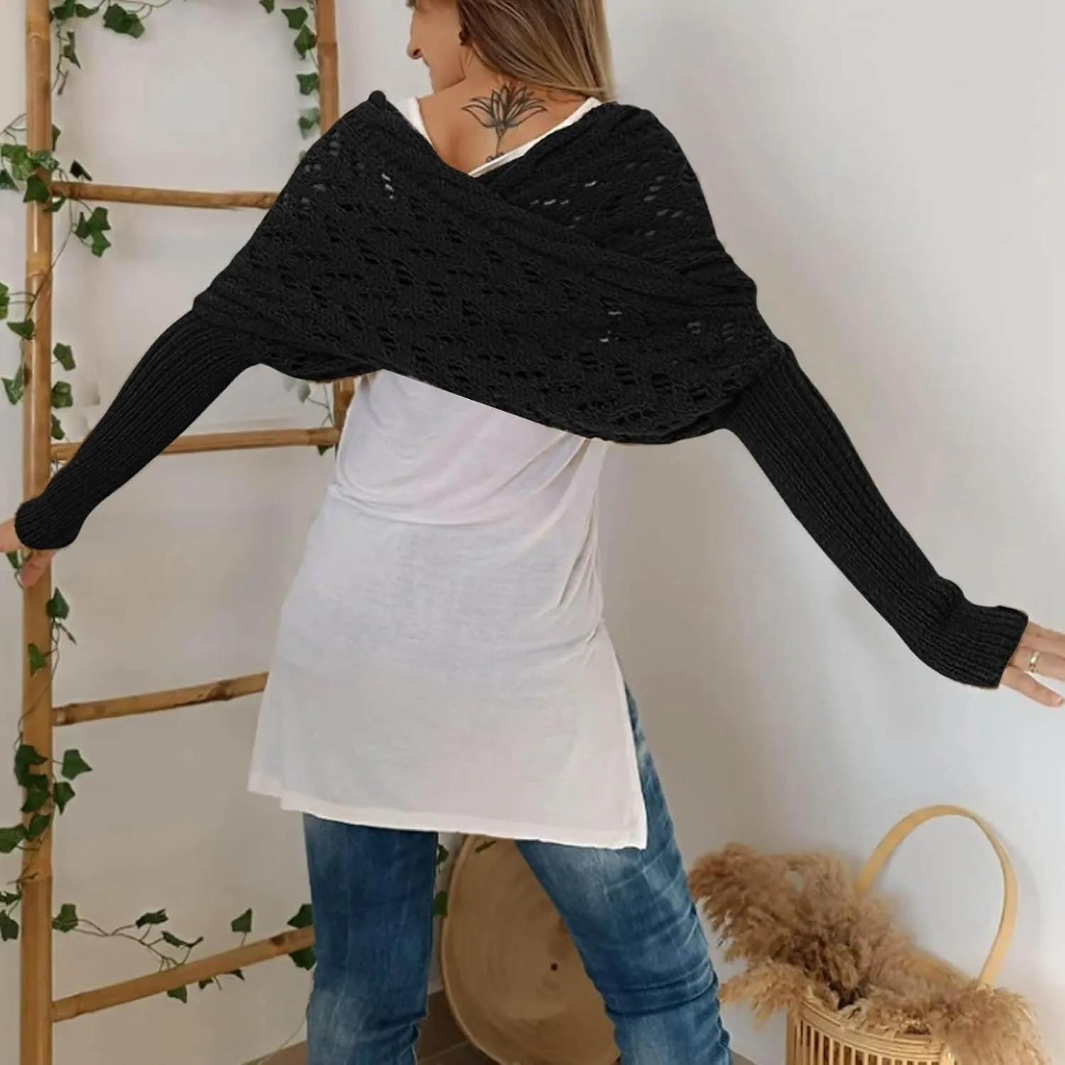 Shawl Wraps for Women Knitted Cable Wrap Sweater for Women Knitted Double Sleeve Scarf Hollow Out Crochet Shrugs