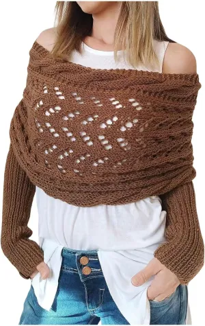 Shawl Wraps for Women Knitted Cable Wrap Sweater for Women Knitted Double Sleeve Scarf Hollow Out Crochet Shrugs