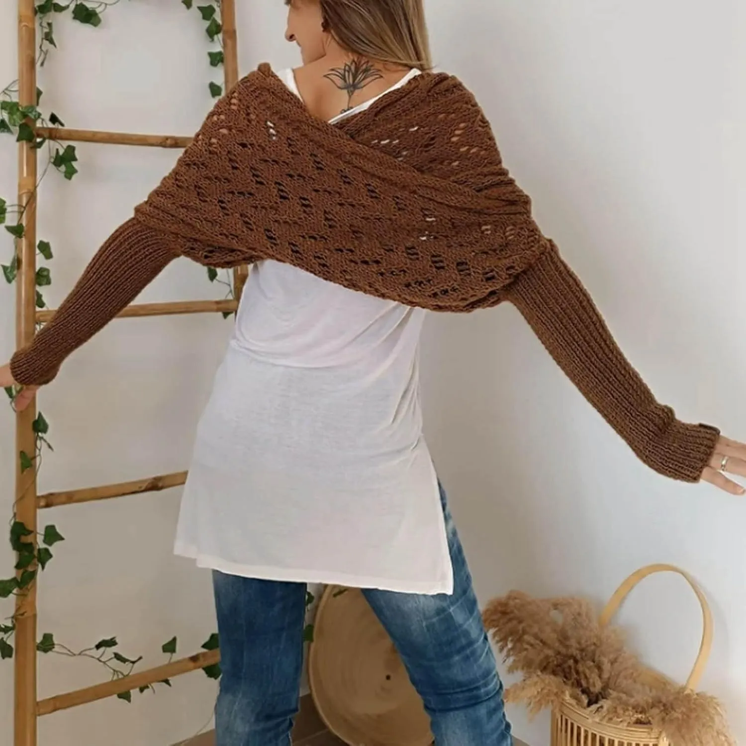 Shawl Wraps for Women Knitted Cable Wrap Sweater for Women Knitted Double Sleeve Scarf Hollow Out Crochet Shrugs