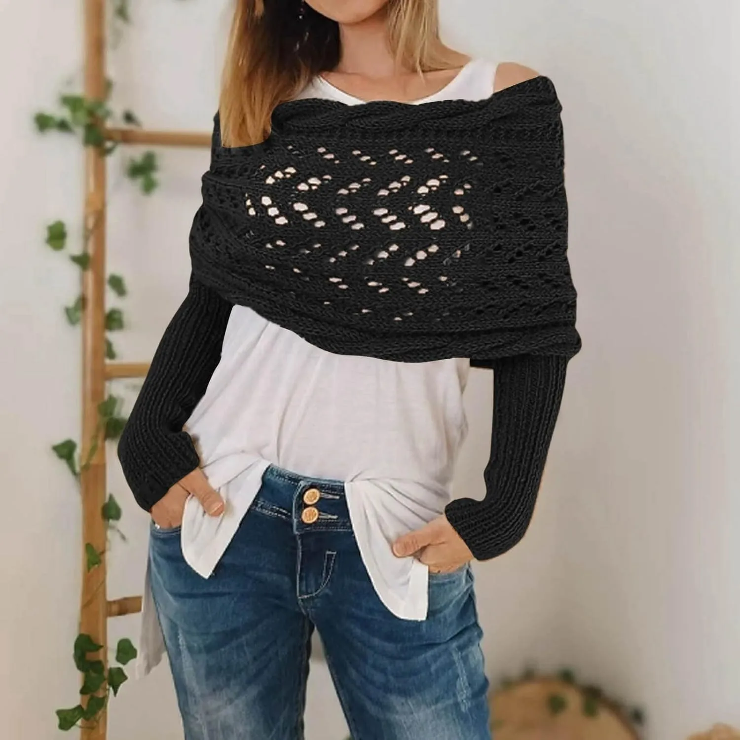 Shawl Wraps for Women Knitted Cable Wrap Sweater for Women Knitted Double Sleeve Scarf Hollow Out Crochet Shrugs