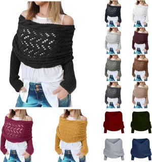 Shawl Wraps for Women Knitted Cable Wrap Sweater for Women Knitted Double Sleeve Scarf Hollow Out Crochet Shrugs
