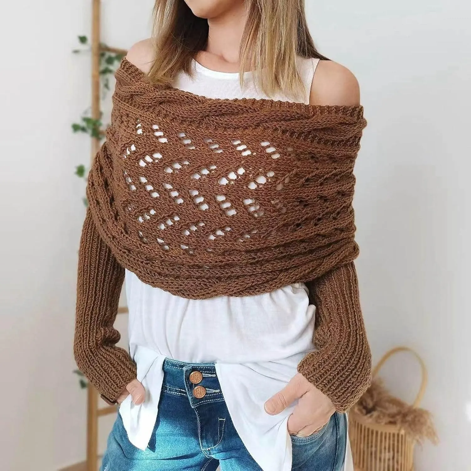 Shawl Wraps for Women Knitted Cable Wrap Sweater for Women Knitted Double Sleeve Scarf Hollow Out Crochet Shrugs