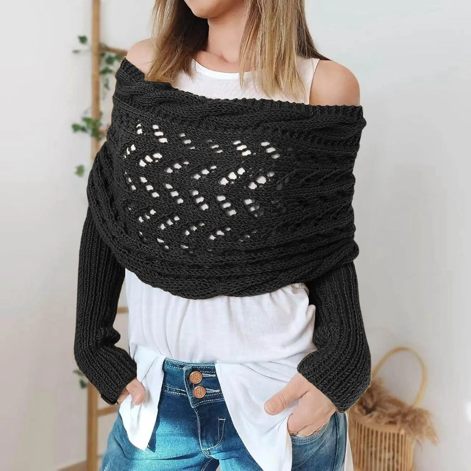 Shawl Wraps for Women Knitted Cable Wrap Sweater for Women Knitted Double Sleeve Scarf Hollow Out Crochet Shrugs