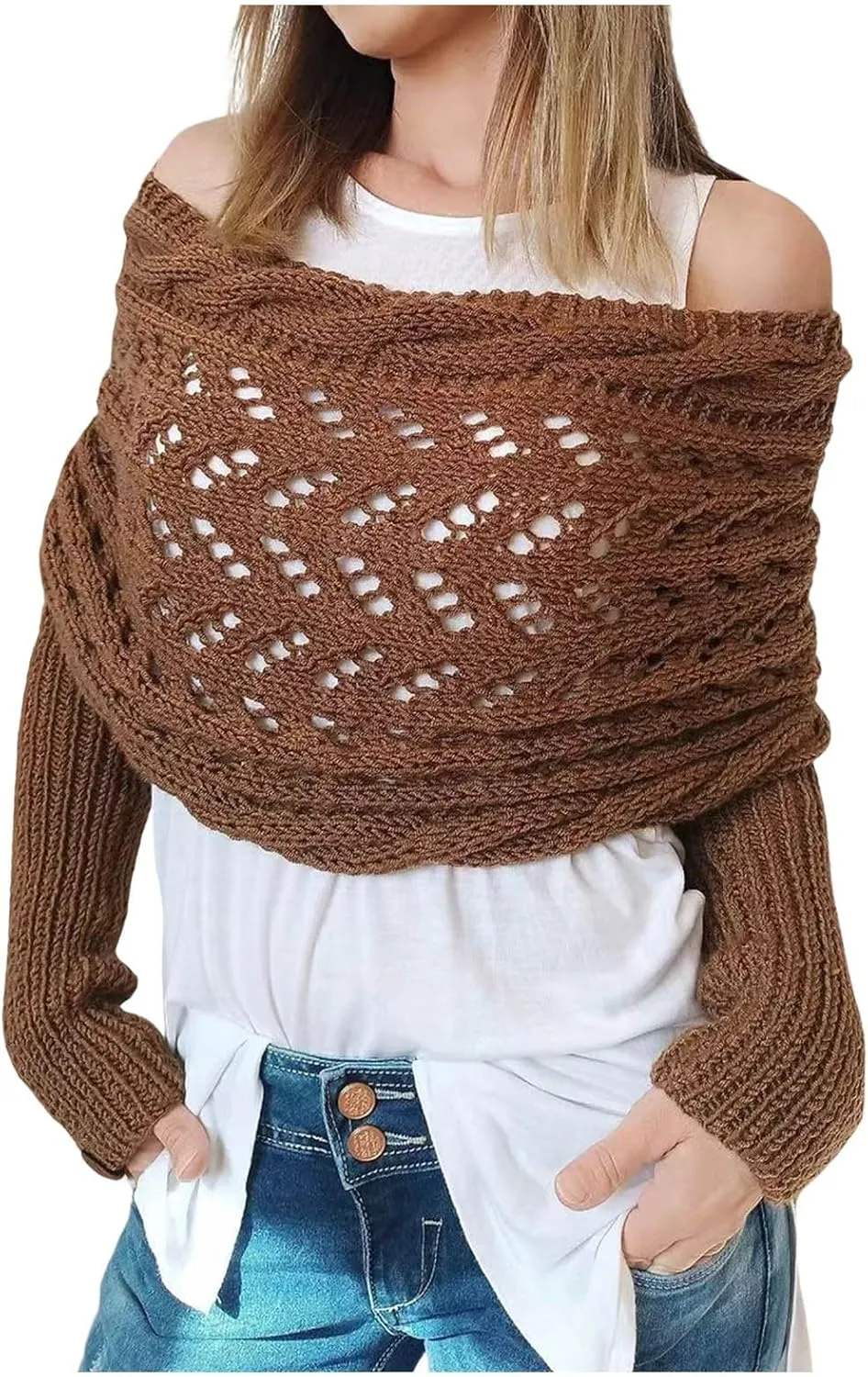 Shawl Wraps for Women Knitted Cable Wrap Sweater for Women Knitted Double Sleeve Scarf Hollow Out Crochet Shrugs