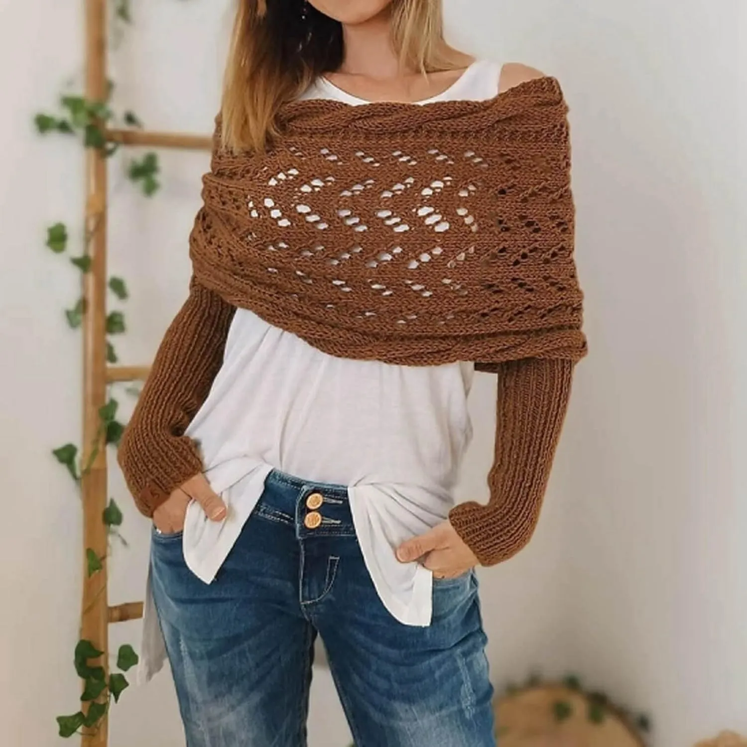 Shawl Wraps for Women Knitted Cable Wrap Sweater for Women Knitted Double Sleeve Scarf Hollow Out Crochet Shrugs