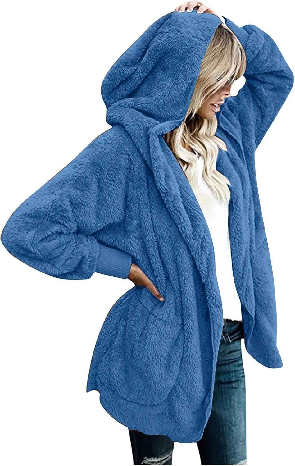 Sherpa Jacket Women Oversized Hooded Fuzzy Fleece Jackets with Pocket Warm Cozy Hoodie Cardigan Coat Plus Size