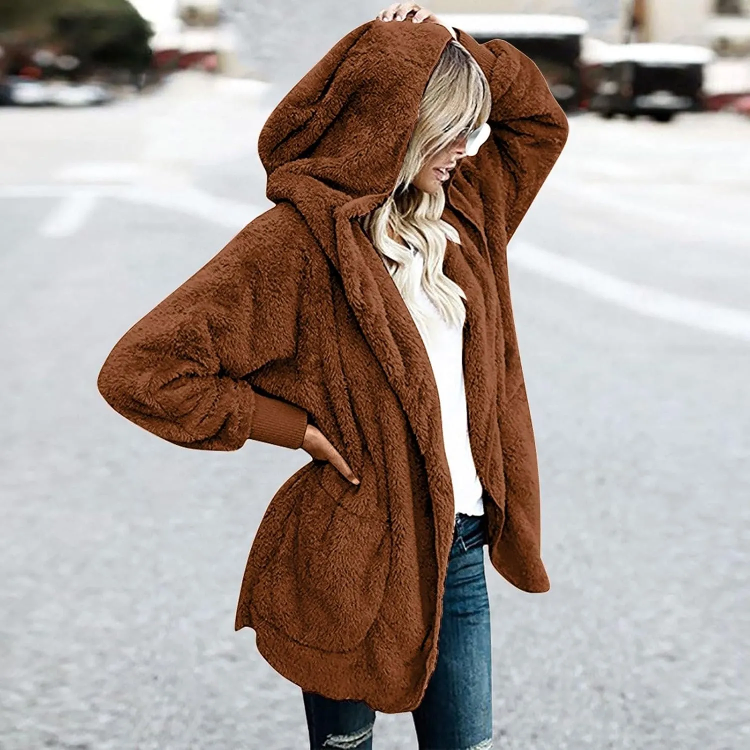 Sherpa Jacket Women Oversized Hooded Fuzzy Fleece Jackets with Pocket Warm Cozy Hoodie Cardigan Coat Plus Size