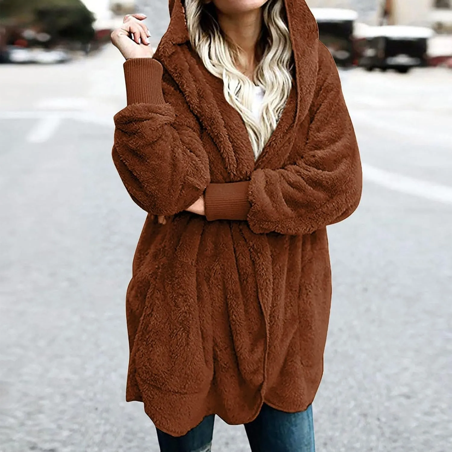 Sherpa Jacket Women Oversized Hooded Fuzzy Fleece Jackets with Pocket Warm Cozy Hoodie Cardigan Coat Plus Size