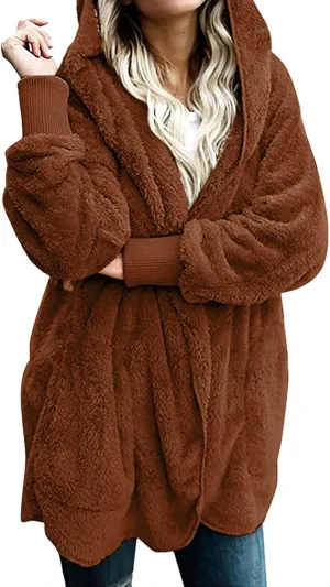 Sherpa Jacket Women Oversized Hooded Fuzzy Fleece Jackets with Pocket Warm Cozy Hoodie Cardigan Coat Plus Size