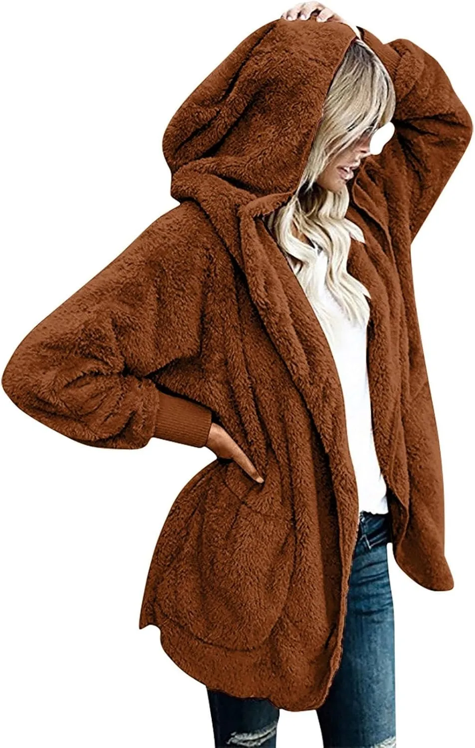 Sherpa Jacket Women Oversized Hooded Fuzzy Fleece Jackets with Pocket Warm Cozy Hoodie Cardigan Coat Plus Size