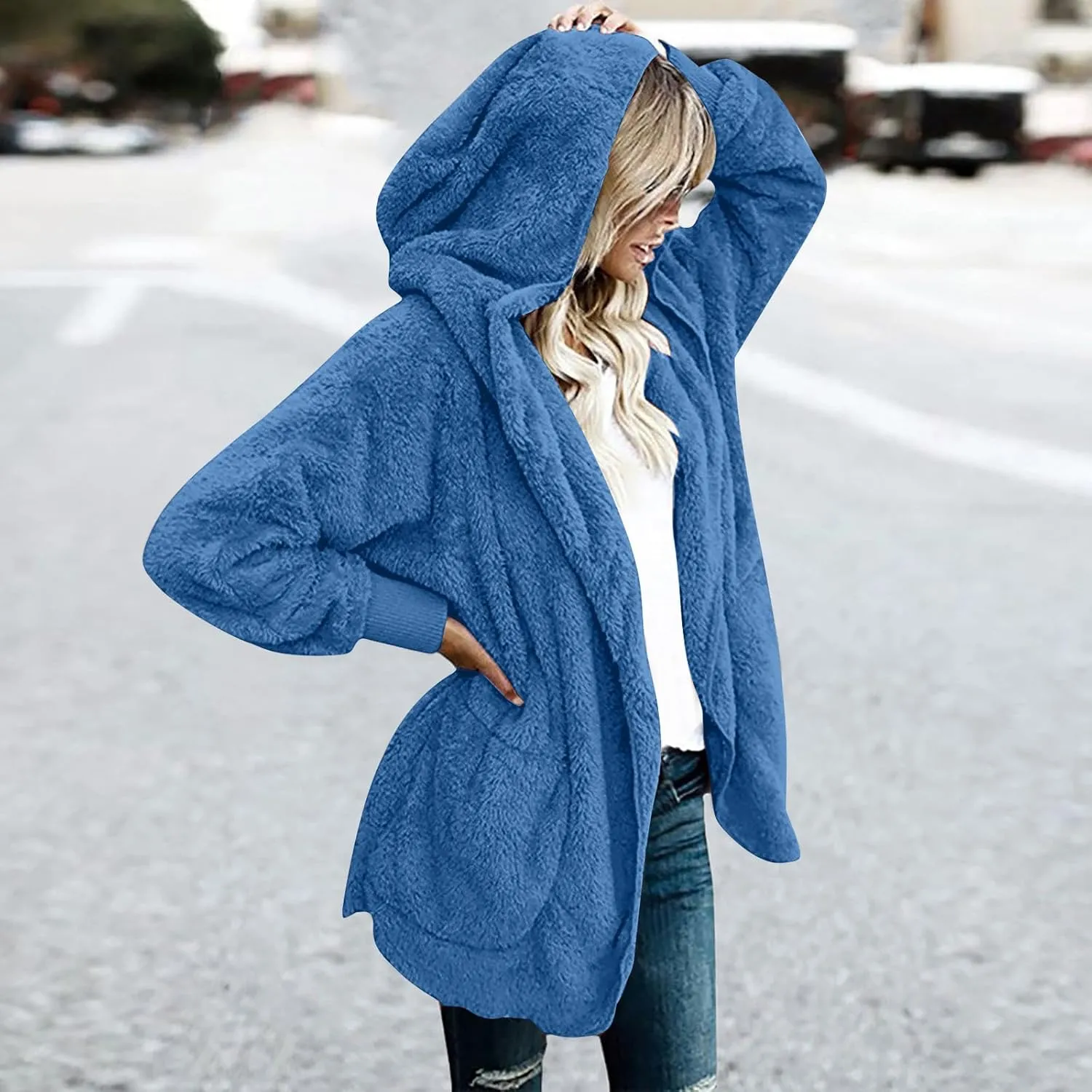 Sherpa Jacket Women Oversized Hooded Fuzzy Fleece Jackets with Pocket Warm Cozy Hoodie Cardigan Coat Plus Size