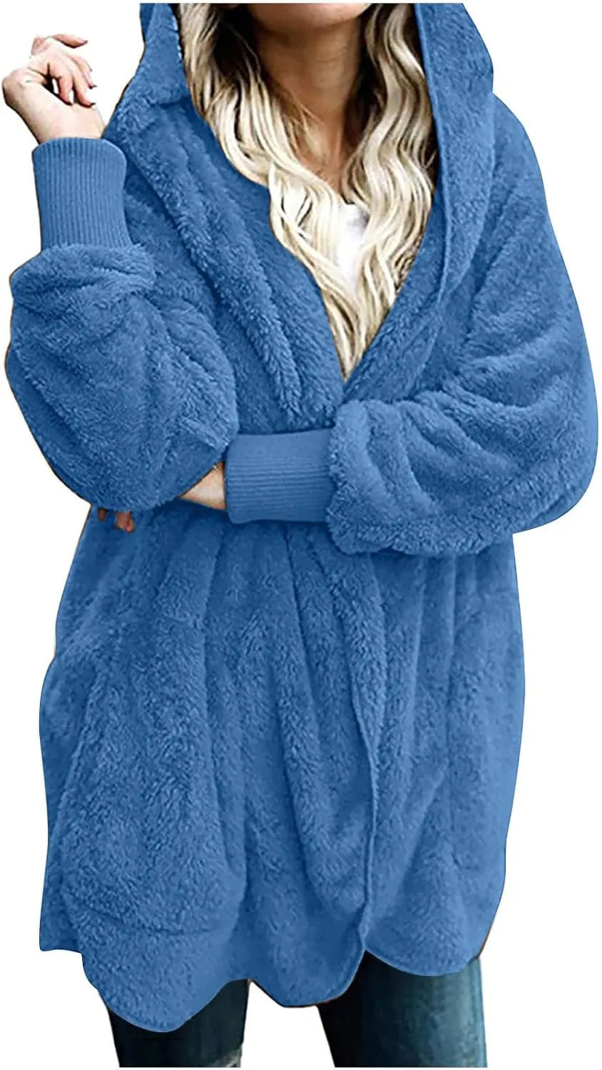 Sherpa Jacket Women Oversized Hooded Fuzzy Fleece Jackets with Pocket Warm Cozy Hoodie Cardigan Coat Plus Size