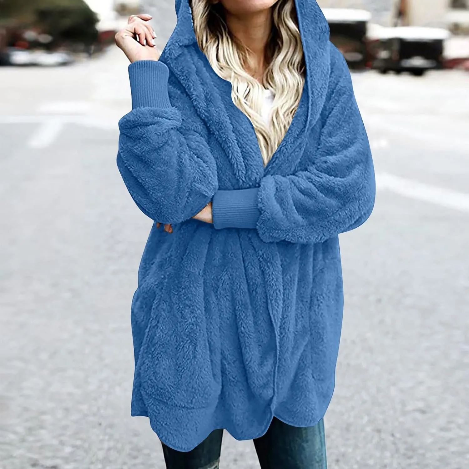 Sherpa Jacket Women Oversized Hooded Fuzzy Fleece Jackets with Pocket Warm Cozy Hoodie Cardigan Coat Plus Size