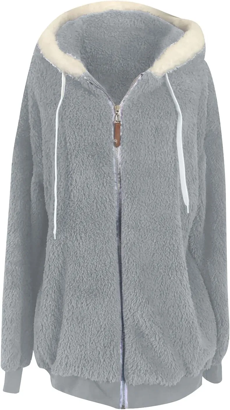 Sherpa Jackets For Women Fuzzy Fleece Teddy Coat Color Block Faux Shearling Cardigan Warm Hooded Zip Up Outwear